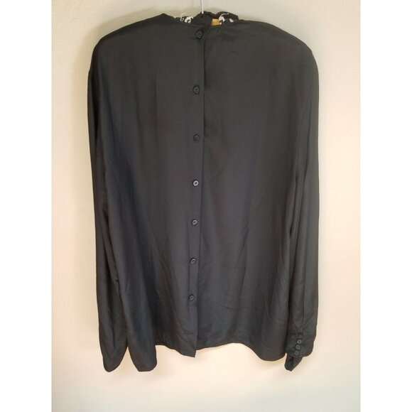 Oleg Cassini Womens Crew Neck Black Button Back Blouse Top Size 14 Long Sleeve - Picture 2 of 6